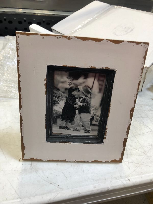 Photo 1 of Distressed White Picture Frame - 4"x 5"opening - Farmhouse Picture Frame with Rustic Frame Border- Gray Trim with Real Glass - Cute Coastal Beach Frame - suit Living Room & Bedroom Decor - Wall or Table Top.
