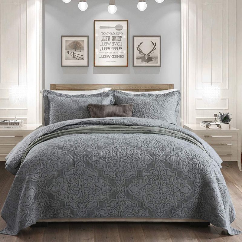 Photo 1 of Travan Bedspread Quilt Set 3-Piece Oversized Queen Quilted Coverlet Set with Shams (Elegant Grey, Queen)
