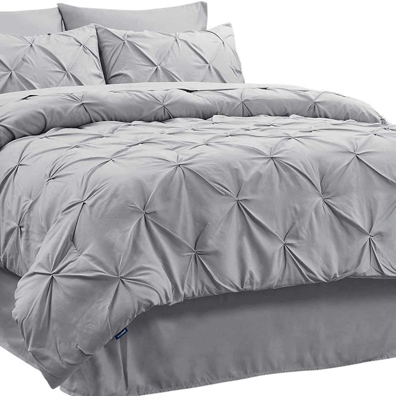 Photo 1 of Bedsure Full/Queen Comforter Set 8 Pieces - Pintuck Queen Bed Set, Bed in A Bag Grey Queen Size with Comforters, Sheets, Pillowcases & Shams, Kids Bedding Set
