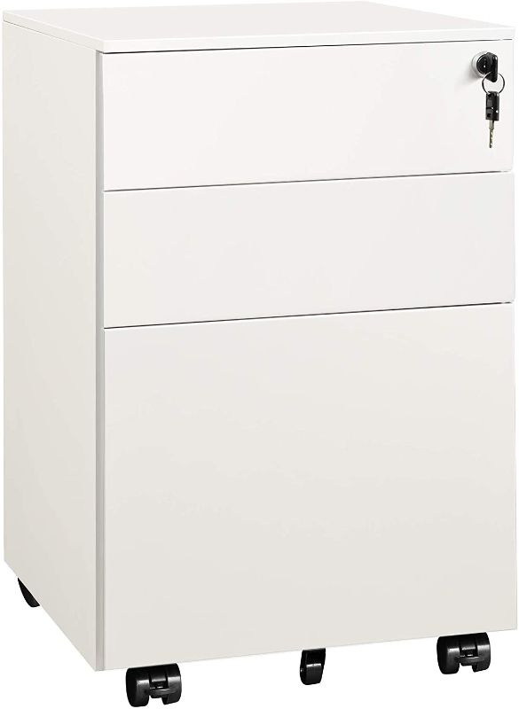 Photo 1 of DEVAISE 3 Drawer Locking File Cabinet, Under Desk Metal Filing Cabinet for Legal/Letter/A4 File, Fully Assembled Except Wheels, White
