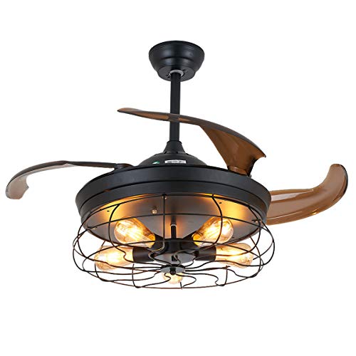 Photo 1 of Ceiling Fan with Light Industrial Ceiling Fan Retractable Blades Vintage Cage Chandelier Fan with Remote Control-5 Edison Bulbs Needed Not Included 42 Inch Black Christmas Present
