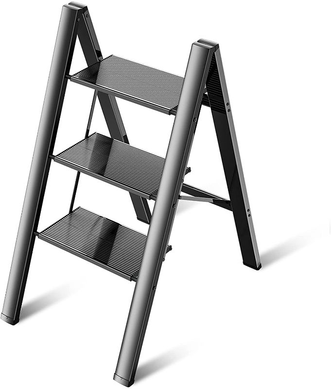 Photo 1 of 3 Step Ladder Aluminum Lightweight Folding Step Stool Wide Anti-Slip Pedal 330 Lbs Capacity Household Office Portable Stepladder,Black
