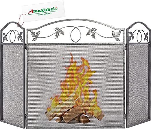 Photo 1 of AMAGABELI GARDEN & HOME 49.6 x 28.9 Inch Fireplace Screen 3 Panel Pewter Foldable Wrought Iron Furnace Fireguards Fireplace Cover Large Fireplace Screens for Wood Burning Metal Mesh Fire Spark Guard

