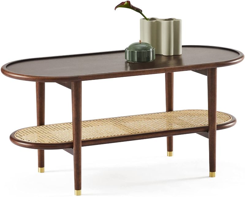 Photo 1 of \\Harmati Coffee Table for Living Room - Black Accent Table with Storage, Mid Century Modern Tables, Solid Wood Legs & Natural Rattan
Color:Walnut