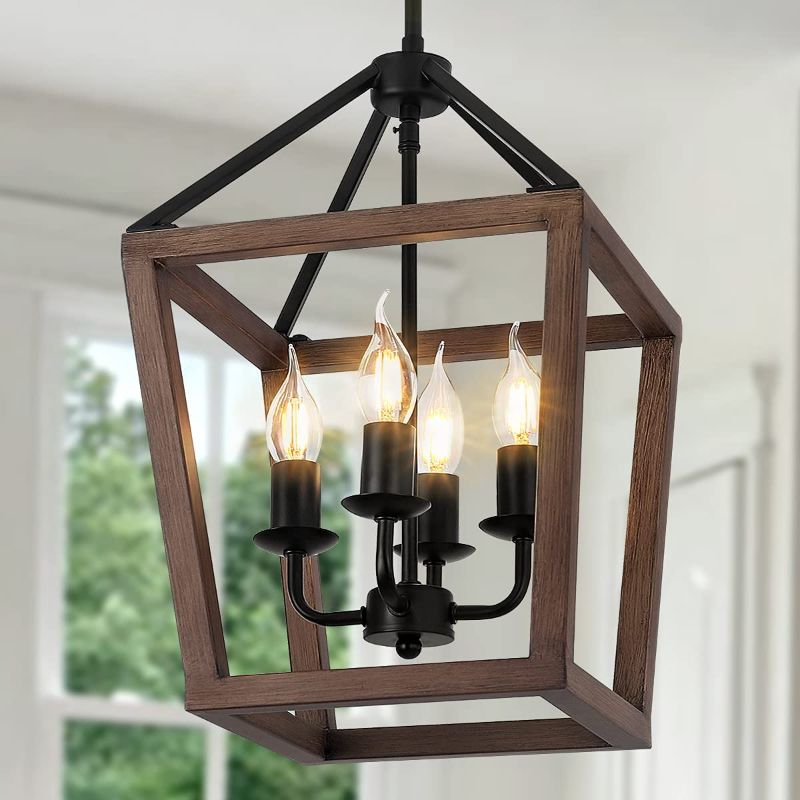 Photo 1 of 4-Light Farmhouse Wood Chandelier, Farmhouse Dining Room Light, Kitchen Island Light Rustic Chandelier for Entryway Dining Room Hallway Living Room (4 Light-Wood-2)
