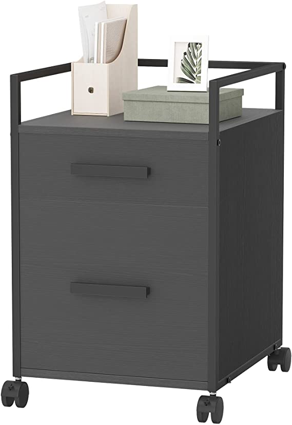 Photo 1 of FEZIBO 2-Drawer Mobile Nightstand, Sofa Side Table, Industrial Bedside Table with Open Shelf for Bedroom, Dorm, Modern End Table, Wooden Storage Cabinet, Deep Black
