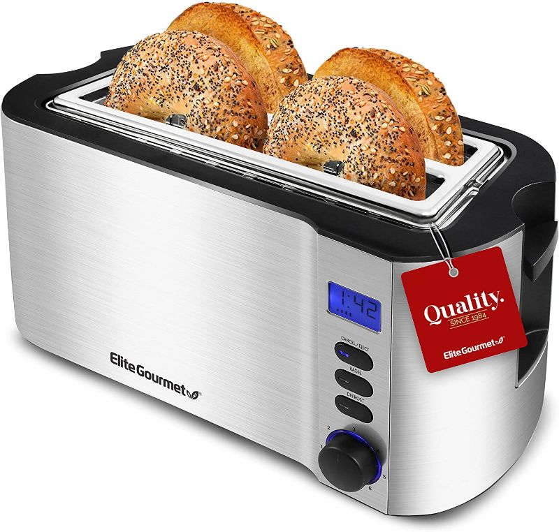 Photo 1 of Elite Gourmet ECT4400B Long Slot Toaster, Countdown Timer, Bagel Defrost, Cancel Functions, 6 Toast Settings, Slide Out Crumb Tray, Extra Wide Slots for Waffles, 4 Slice, Stainless Steel
