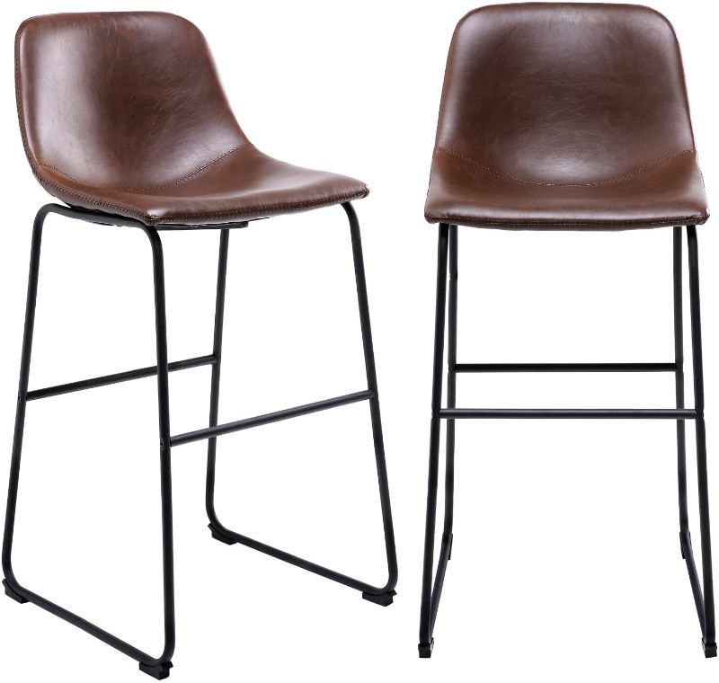 Photo 1 of  Faux Leather Bar Stools Set of 2, Industrial Pub Barstools with Back and Footrest, Modern Armless Bar Height Stool Chairs