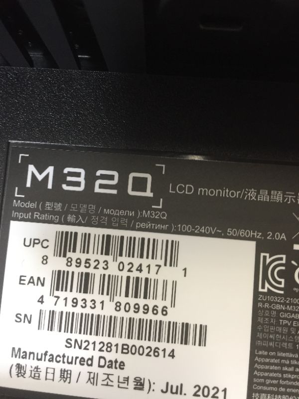 Photo 7 of GIGABYTE M32Q 32" 165Hz Gaming Monitor, 2560 x 1440 SS IPS Display, 0.8ms (MPRT) Response Time, 9?4% DCI-P3, VESA Display HDR400, FreeSync Premium, 1x Display Port 1.2, 2X HDMI 2.0 ---- MISSING POWERCORD/BASE PIECE 