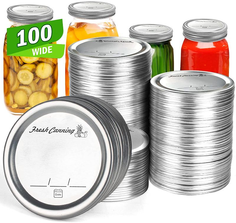 Photo 1 of 100 Count Wide Mouth Canning Lids - Mason Canning Jar Lids for Ball,Kerr - Split-Type Metal Jar Lids Leak Proof - Food Grade Material - PATENT PENDING 100% Fit for Wide Mouth
