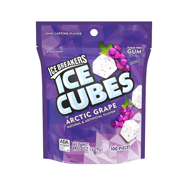 Photo 1 of 2 PACK - ICE BREAKERS ICE CUBES ARCTIC GRAPE Sugar Free Chewing Gum, Made with Xylitol, 8.11 oz Pouch (100 Pieces) JAN 2022