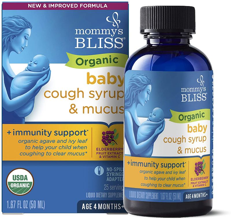 Photo 1 of 2 PACK - Mommy's Bliss Organic Baby Cough Syrup and Mucus + Immunity Support, Contains Organic Agave and Ivy Leaf, Made for Babies 4 month+, 1.67 Fluid Ounces
EXP 11/2023