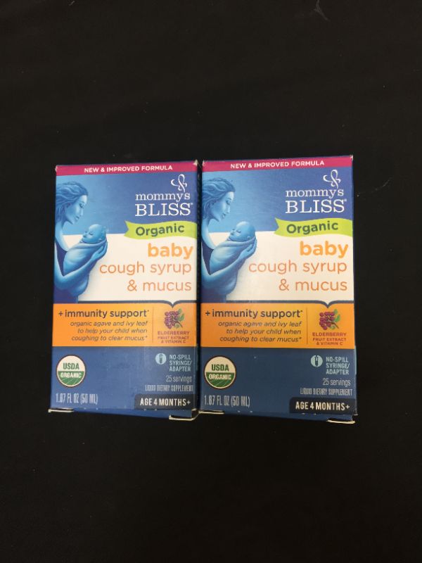 Photo 2 of 2 PACK - Mommy's Bliss Organic Baby Cough Syrup and Mucus + Immunity Support, Contains Organic Agave and Ivy Leaf, Made for Babies 4 month+, 1.67 Fluid Ounces
EXP 11/2023