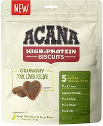 Photo 1 of 2 BAGS 
ACANA High-Protein Biscuits Grain-Free Pork Liver Recipe Med/Large Breed Dog Treats, 9-oz bag - BB May 7/22