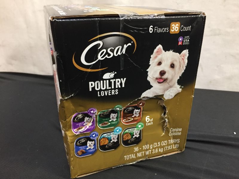 Photo 3 of --packaging its damaged but inside item its good confdition--(36 Pack) CESAR Wet Dog Food Poultry Lovers Variety Pack with Real Chicken, Turkey or Duck, 3.5 oz. Easy Peel Trays Exp--03-2023