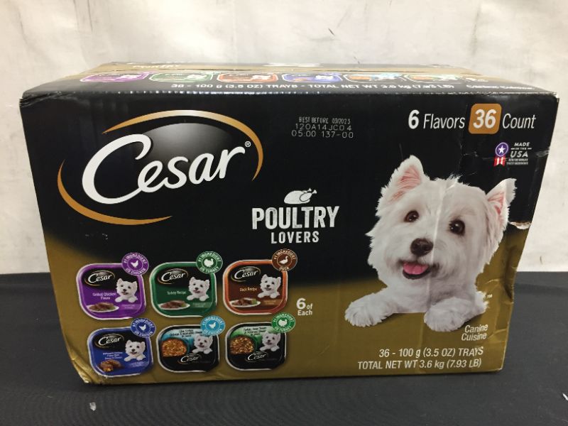 Photo 2 of --packaging its damaged but inside item its good confdition--(36 Pack) CESAR Wet Dog Food Poultry Lovers Variety Pack with Real Chicken, Turkey or Duck, 3.5 oz. Easy Peel Trays Exp--03-2023