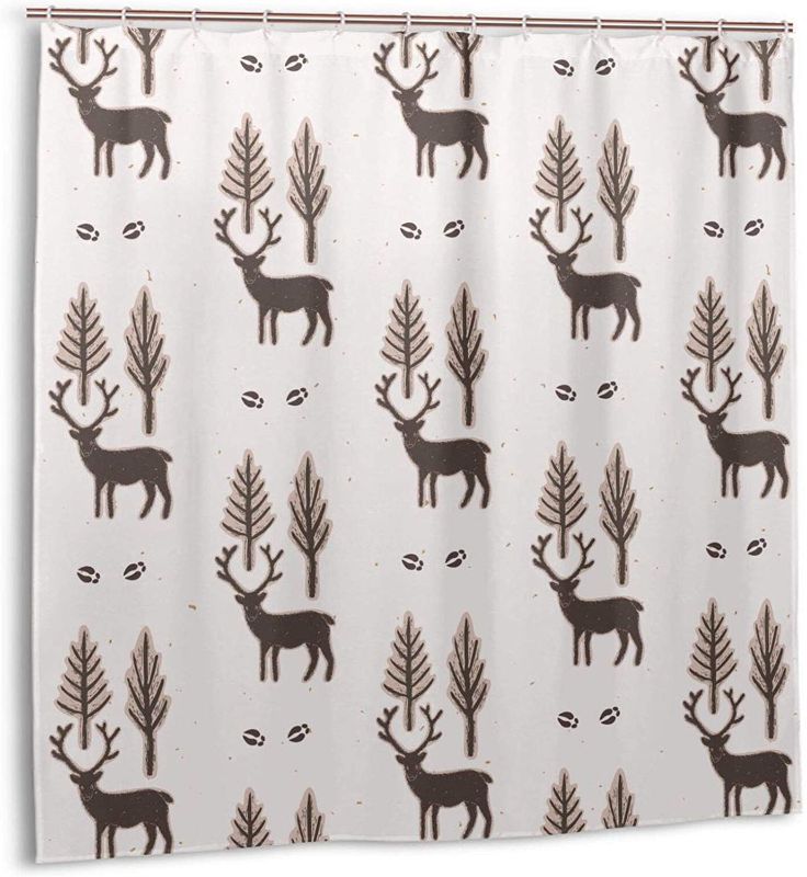 Photo 1 of Christmas Shower Curtain for Bathroom Waterproof Cute Elk Deer Moose Shower Curtain Pine Forest Shower Curtain Farmhouse Beige Shower Curtain Rustic Forest Funny Farm Life Bath Curtain
