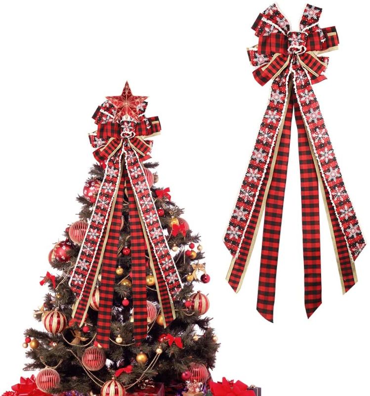 Photo 1 of Christmas Tree Topper,45x13 Inches Large Snowflake Christmas Treetop Bow ,Red and Black Plaid Buffalo Decorative Bows for Christmas Decoration (Snowflake Treetop Bow Large)