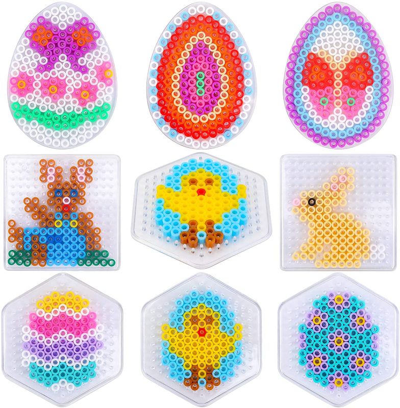 Photo 1 of Konsait 8 Pack Easter Craft Toy Fuse Beads Set Perler Beads Iron Beads for Kids with Ironing Paper, Pegboard (Egg,Bunny,Chick Pattern) Easter Gift Girls Boys Kids Easter Party Bag Filler