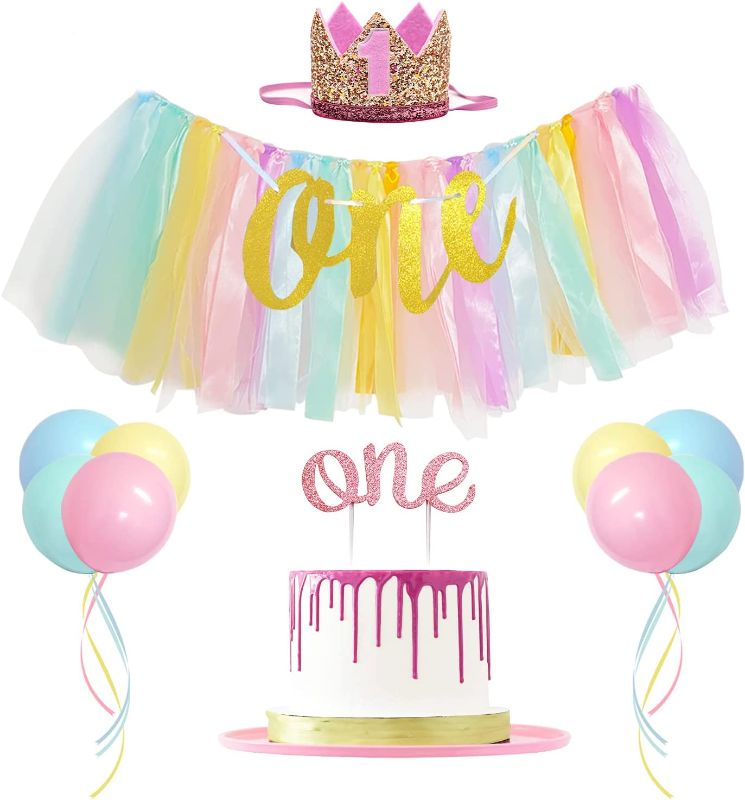 Photo 1 of JANEF First Birthday Decoration for Girl, Rainbow High Chair Banner, 1st Birthday Crown Cake Topper and Balloons, Suit for Unicorn Birthday Shower Party
