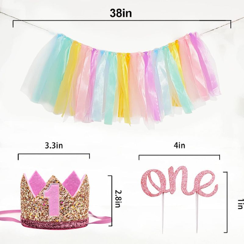 Photo 2 of JANEF First Birthday Decoration for Girl, Rainbow High Chair Banner, 1st Birthday Crown Cake Topper and Balloons, Suit for Unicorn Birthday Shower Party
