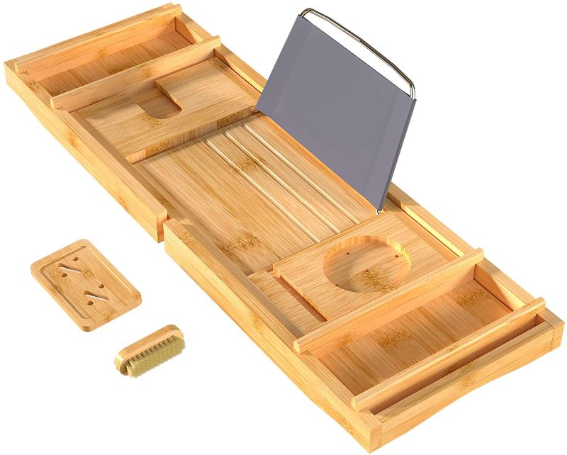 Photo 1 of Bath Caddy Tray for Bathtub - Bamboo Adjustable Organizer Tray for Bathroom with Free Soap Dish Suitable for Luxury Spa or Reading
