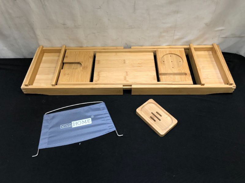 Photo 2 of Bath Caddy Tray for Bathtub - Bamboo Adjustable Organizer Tray for Bathroom with Free Soap Dish Suitable for Luxury Spa or Reading
