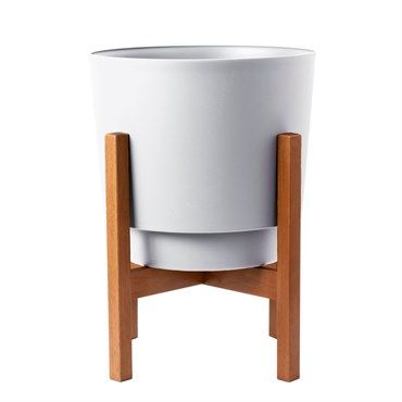 Photo 1 of Bloem® Hopson Cylindrical Planter & Wood Stand-  Casper White with Wood Stand - 12in

