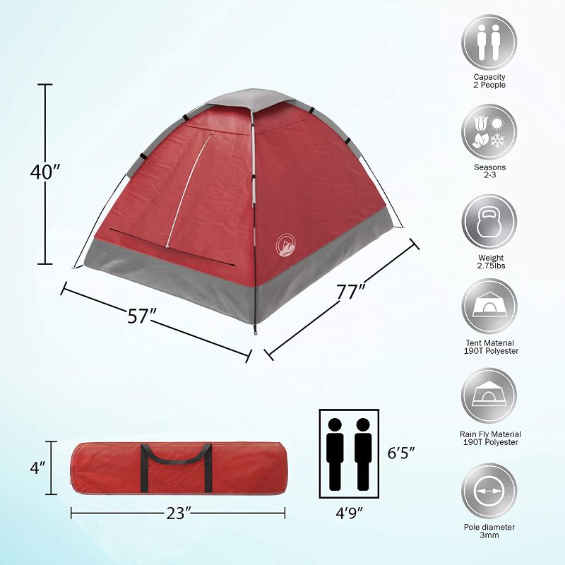 Photo 1 of 2-Person Tent, Dome Tents for Camping with Carry Bag by Wakeman Outdoors (Camping Gear for Hiking, Backpacking, and Traveling) - RED , 6.25’ x 4.80’ x 3.50’
