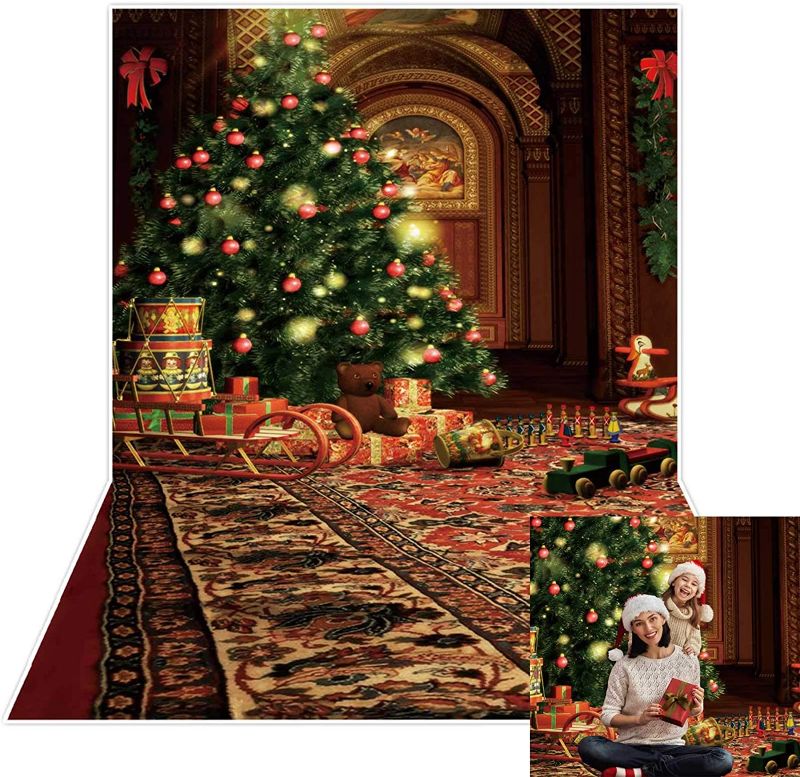 Photo 1 of Allenjoy 5x7ft Christmas Backdrop Retro Style Interior House Blanket Xmas Tree Santa Gift Box Photography Background for Children Family Happy New Year Decor Banner Portrait Photo Booth Props