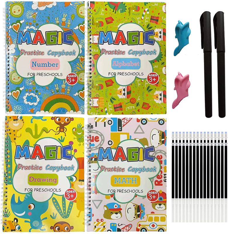 Photo 1 of Children's magic practice copybook, 6.9x9.85 inches reusable handwriting practice book, calligraphy practice set, suitable for children aged 3-8. (Four books and two sets of pens,including 16 refills)