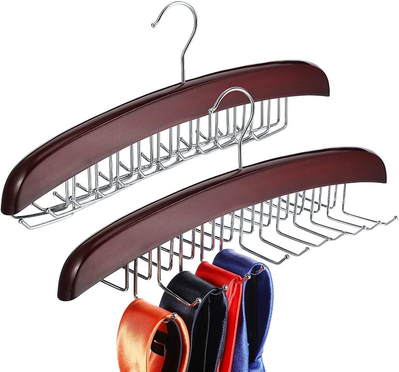 Photo 1 of 2 Pieces Wooden Tie Belt Rack Adjustable 24 Belt Hooks Belt Hanger Storage Hanging Organizer Accessories for Men Women (Coffee)