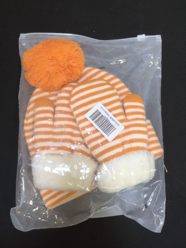 Photo 2 of Kids Toddlers Winter Beanie Hats Mittens Pompom Cute Striped Warm Knit Caps Gloves Set for Baby Boys Girls Aged 3-10