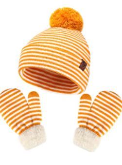 Photo 1 of Kids Toddlers Winter Beanie Hats Mittens Pompom Cute Striped Warm Knit Caps Gloves Set for Baby Boys Girls Aged 3-10