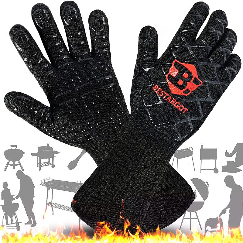 Photo 1 of Bestargot BBQ Gloves Grilling Gloves 1472? Heat Resistant Kitchen Gloves Oven Mitts, Silicone Non-Slip, Oven Gloves 14‘’ Extra Long, for Cooking Gloves Baking Cutting Welding