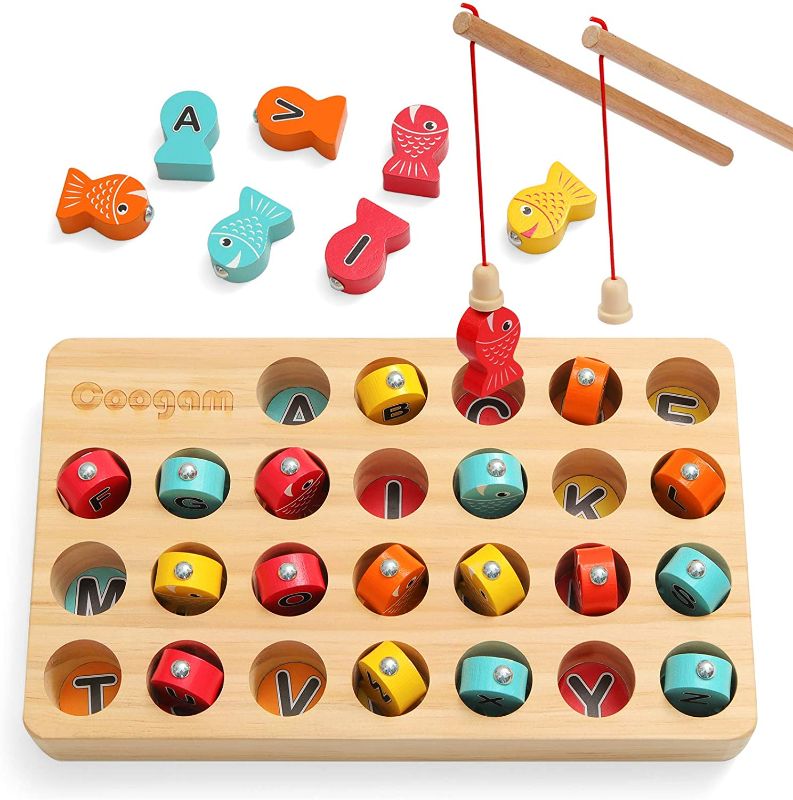 Photo 2 of Coogam Wooden Magnetic Fishing Game, Fine Motor Skill Toy ABC Alphabet Color Sorting Puzzle, Montessori Letters Cognition Preschool Gift for Years Old Kid Early Learning with 2 Pole