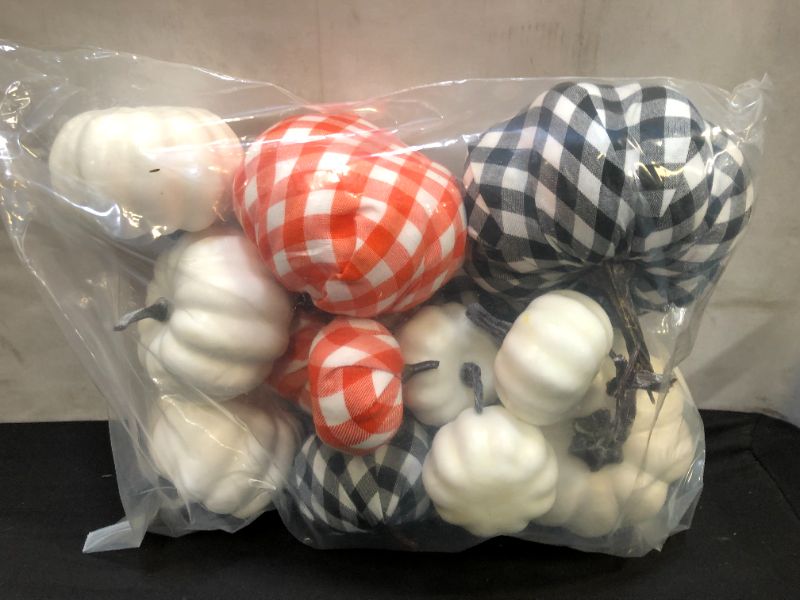 Photo 2 of 13 Pcs Pumpkin Decor, Artificial Pumpkins Bufflo Plaid White Black Pumpkins Fake Foam Pumpkins for Halloween Autumn Harvest Wedding Thanksgiving Farmhouse Fall Home Decorations
