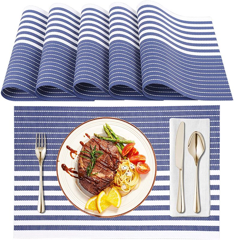 Photo 1 of TOSL Set of 6 Placemats for Dining Table, Woven Vinyl Placemats Washable, Non-Slip, Heat Resistant, Easy to Clean (Blue)
