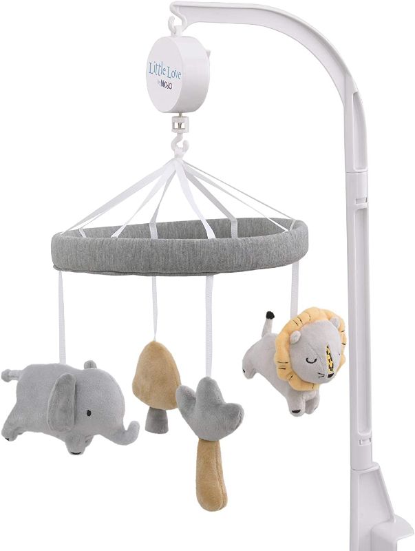 Photo 1 of Little Love By Nojo Roarsome Lion, Grey, Yellow, Musical Mobile with Plush Lion, Elephant, Palm Tree, Mushroom, Yellow, Grey, White, Charcoal
