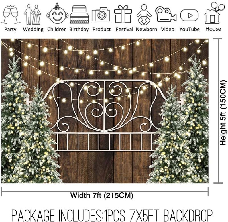 Photo 1 of Allenjoy 7x5ft Wooden Headboard Bed Photography Backdrop for Photo Pictures Rustic Wood Winter Holiday Portrait Background Family Newborn Kids Photoshoot Home Decor Party Supplies Decoration Pine Tree
