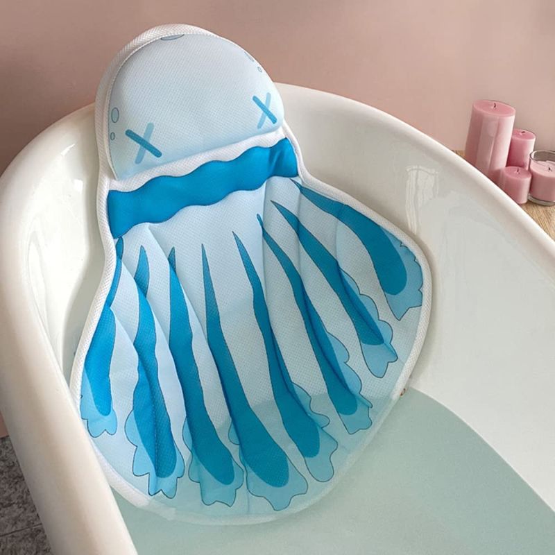 Photo 1 of Bath Pillow 4D Air Mesh Bathtub Pillow Non-Slip 7 Strong Suction Cups, Bath Pillows for Tub Neck and Back Support Soft and Comfortable -Fits All Bathtub,Blue
