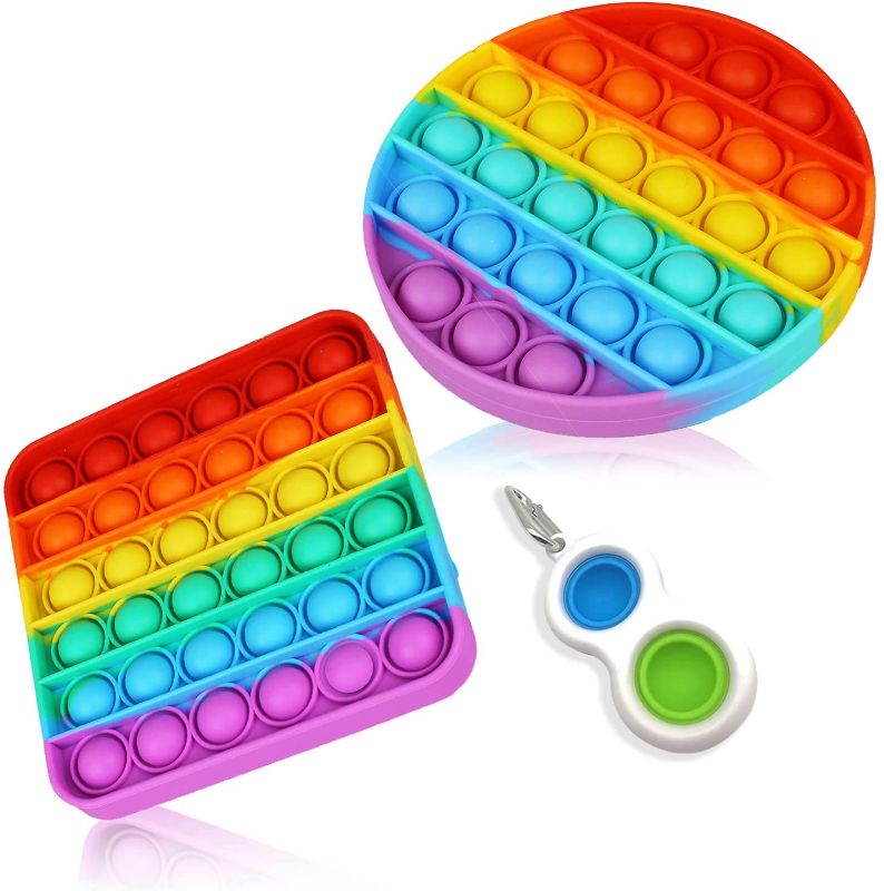 Photo 1 of RainArco Push Pop Fidget Toy, Pack of 3, Fidget Toys for Teens, Bubble Pop Fidget, Stress Relief and Autism Needs, Rainbow Color Round and Pop Square with Key Ring, for Kids and Adults
