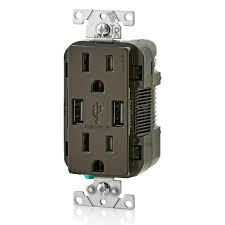 Photo 1 of 3.6A USB Dual Type A In-Wall Charger with 15 Amp Tamper-Resistant Outlets, Brown
