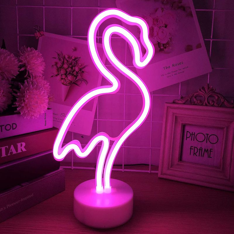 Photo 1 of Momkids Flamingo Lights Pink Neon Signs Led Neon Light up Sign Battery or USB Operated Flamingo Lamp with Holder Base for Home Bedroom Kids Room Birthday Party Gifts Decoration
