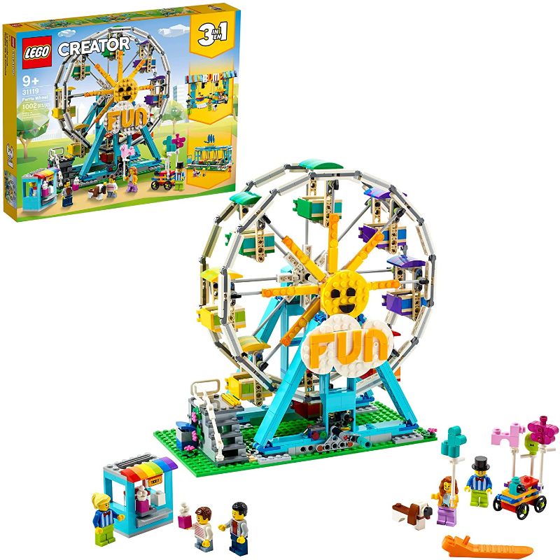 Photo 1 of LEGO Creator 3in1 Ferris Wheel 31119 Building Kit with Rebuildable Toy Bumper Cars, Boat Swing and 5 Minifigures (1,002 Pieces)