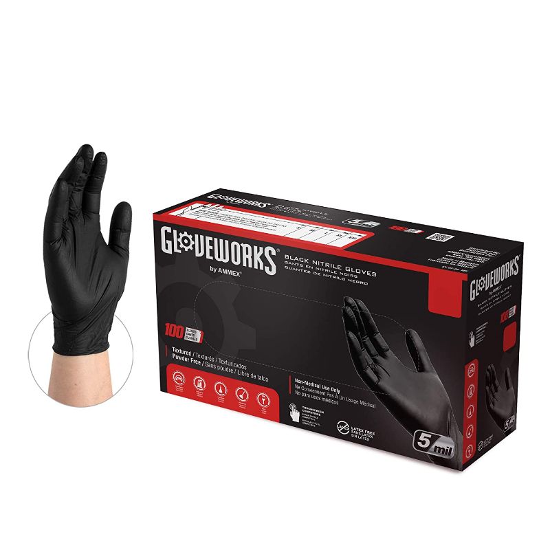 Photo 1 of GLOVEWORKS Industrial Black Nitrile Gloves, Box of 100, 5 Mil, Size X-Large, Latex Free, Powder Free, Textured, Disposable, GPNB48100-BX
