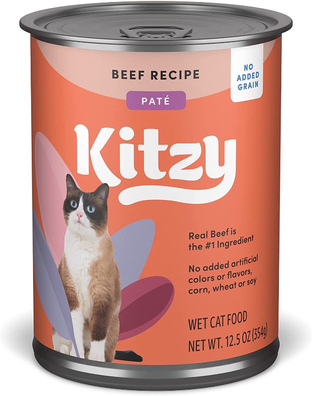 Photo 1 of Amazon Brand - Kitzy Wet Cat Food, Paté, No Added Grain, Beef Recipe, 12.5 oz cans, Pack of 12
BEST BY MAY 20 2024
