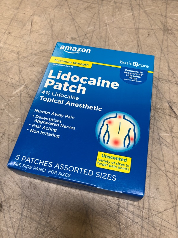 Photo 2 of Amazon Basic Care Lidocaine Patches, 4% Lidocaine, Maximum Strength Pain Relief Patches in Assorted Sizes, Fragrance Free, 5 Count
EXP 05/2022