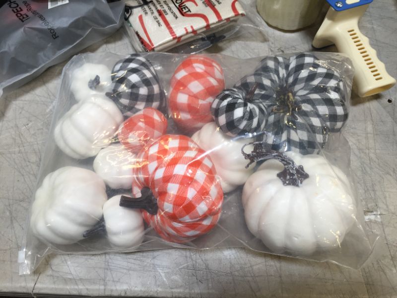 Photo 2 of 13 Pcs Pumpkin Decor, Artificial Pumpkins Bufflo Plaid White Black Pumpkins Fake Foam Pumpkins for Halloween Autumn Harvest Wedding Thanksgiving Farmhouse Fall Home Decorations
