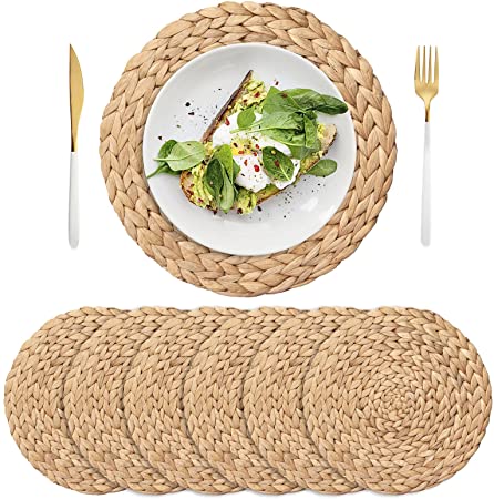 Photo 1 of 6 Pack Woven Placemats, Natural Hand-Woven Water Hyacinth Placemats, Round Braided Rattan Tablemats for Dining Table, Large Weave Round Place Mats Heat Resistant Non-Slip Table Mats, 11.8 Inch
